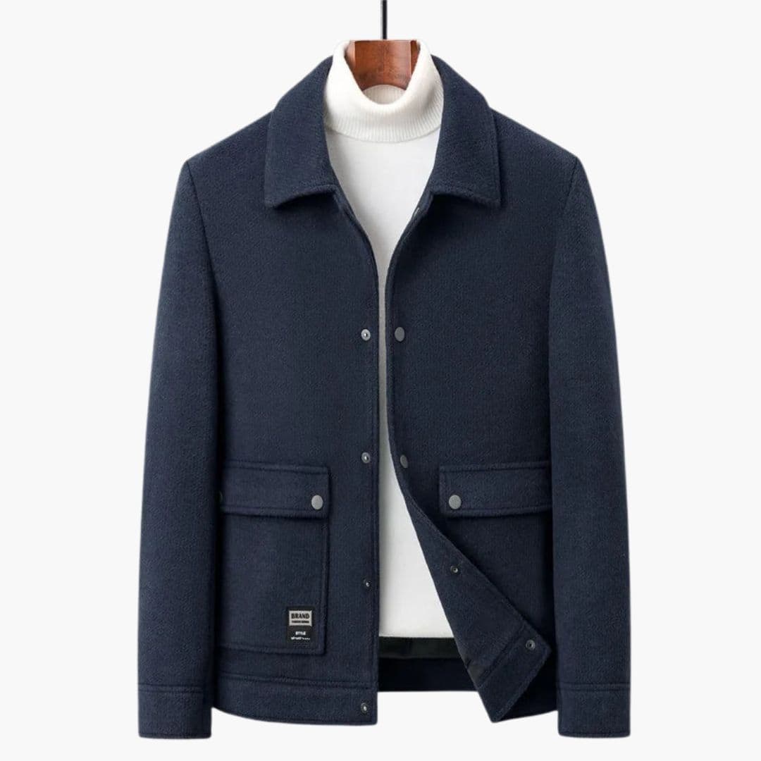 Men's wool-blend jacket pointed collar snap closure flap pockets structured smart-casual outerwear