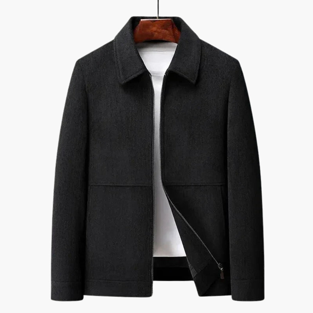 Men's zip-up jacket with classic straight collar, lined interior, versatile everyday mid-length coat