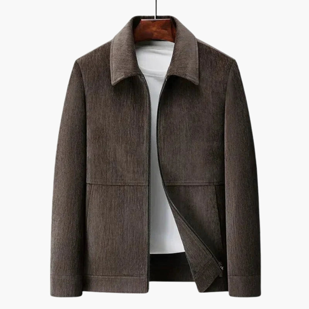 Men's zip-up jacket straight collar lined interior front zipper versatile mid-length everyday coat