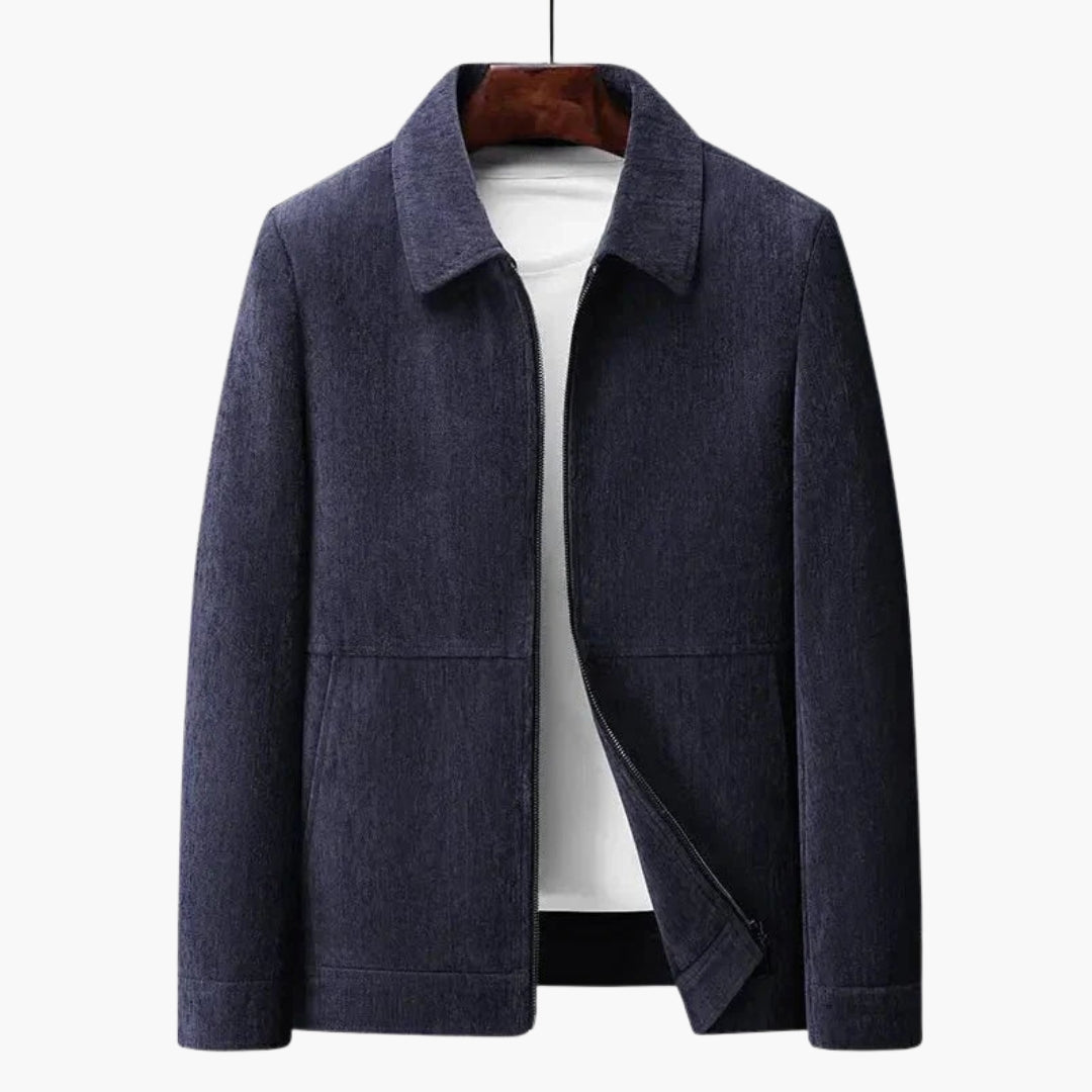 Men's zip-up jacket classic straight collar lined interior front zipper versatile mid-length everyday coat