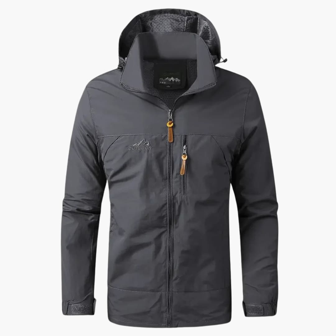 Men's hooded outdoor jacket with zip closure, adjustable drawstring hood, and side pockets