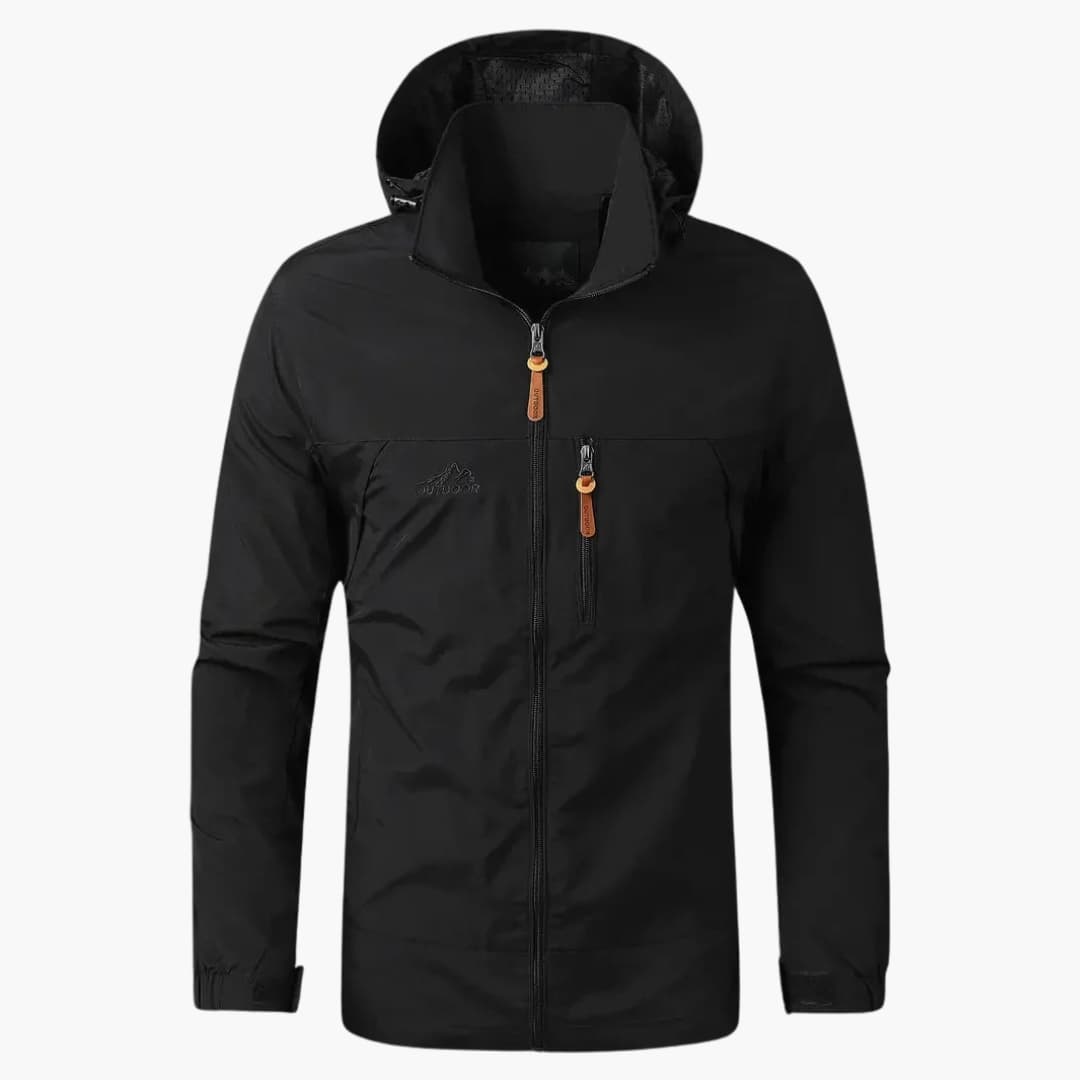 Men's hooded outdoor jacket with zip closure, adjustable drawstring hood, and side pockets