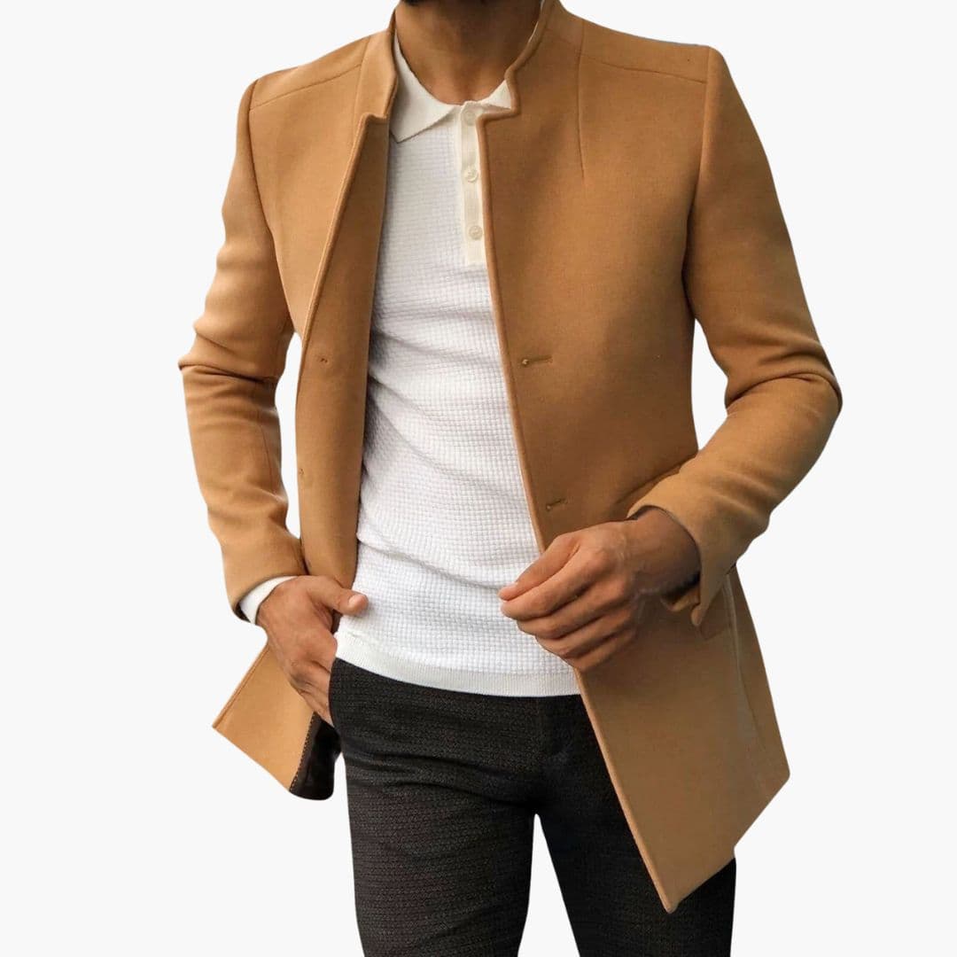 Men's smart casual jacket dark straight cut structured stand-up collar modern refined silhouette