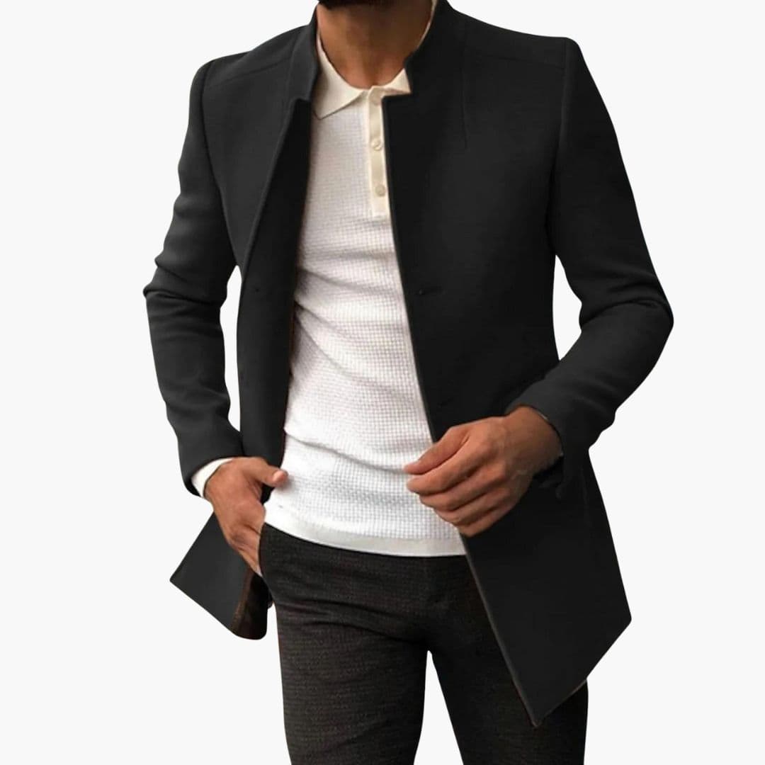 Men's smart casual jacket black straight cut structured stand-up collar for work and weekend