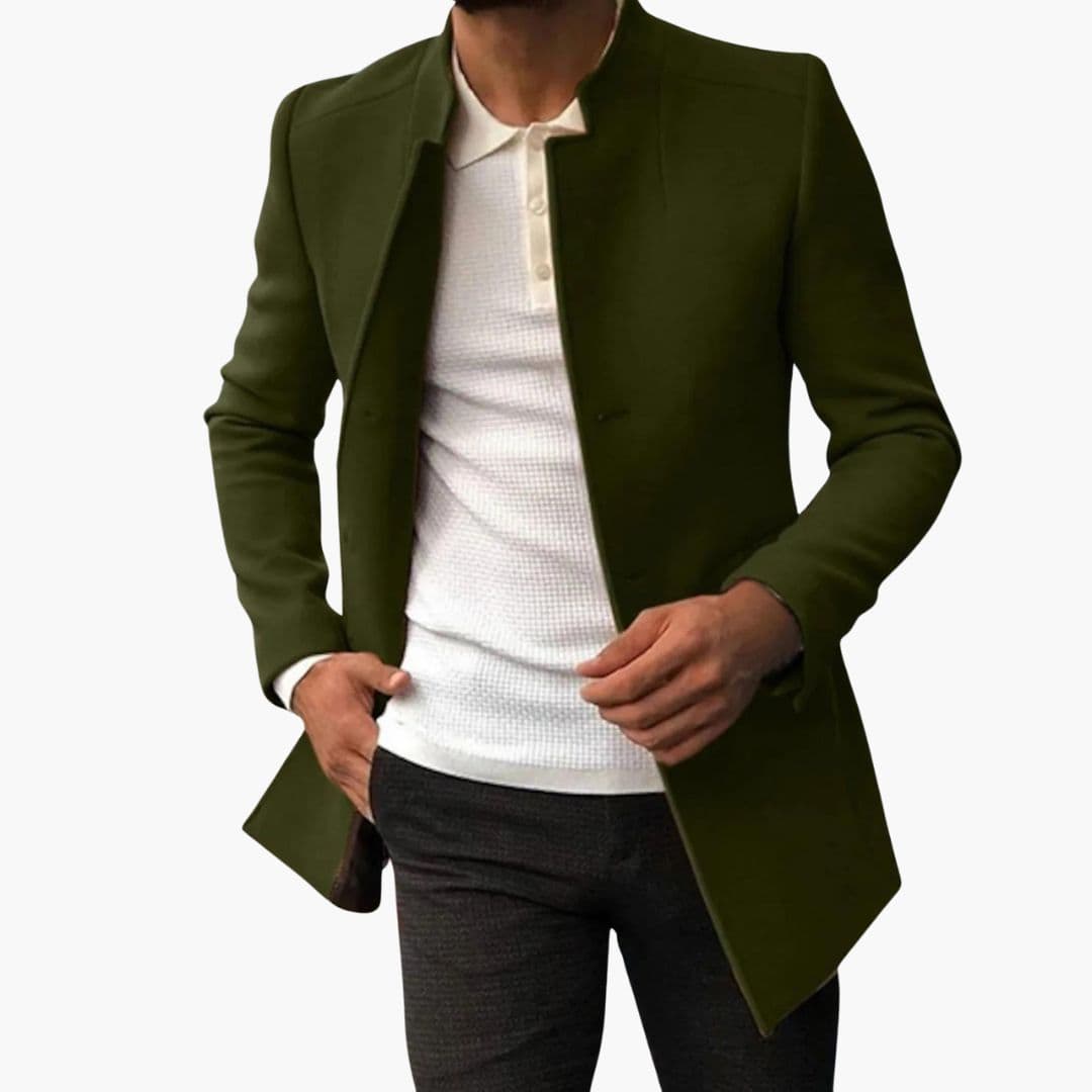Men's smart casual jacket charcoal straight cut structured stand-up collar hidden closure
