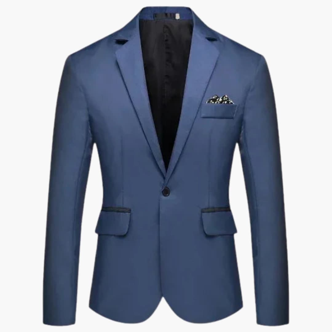 Men's black notched lapel dress jacket one-button closure flap pockets structured office wear