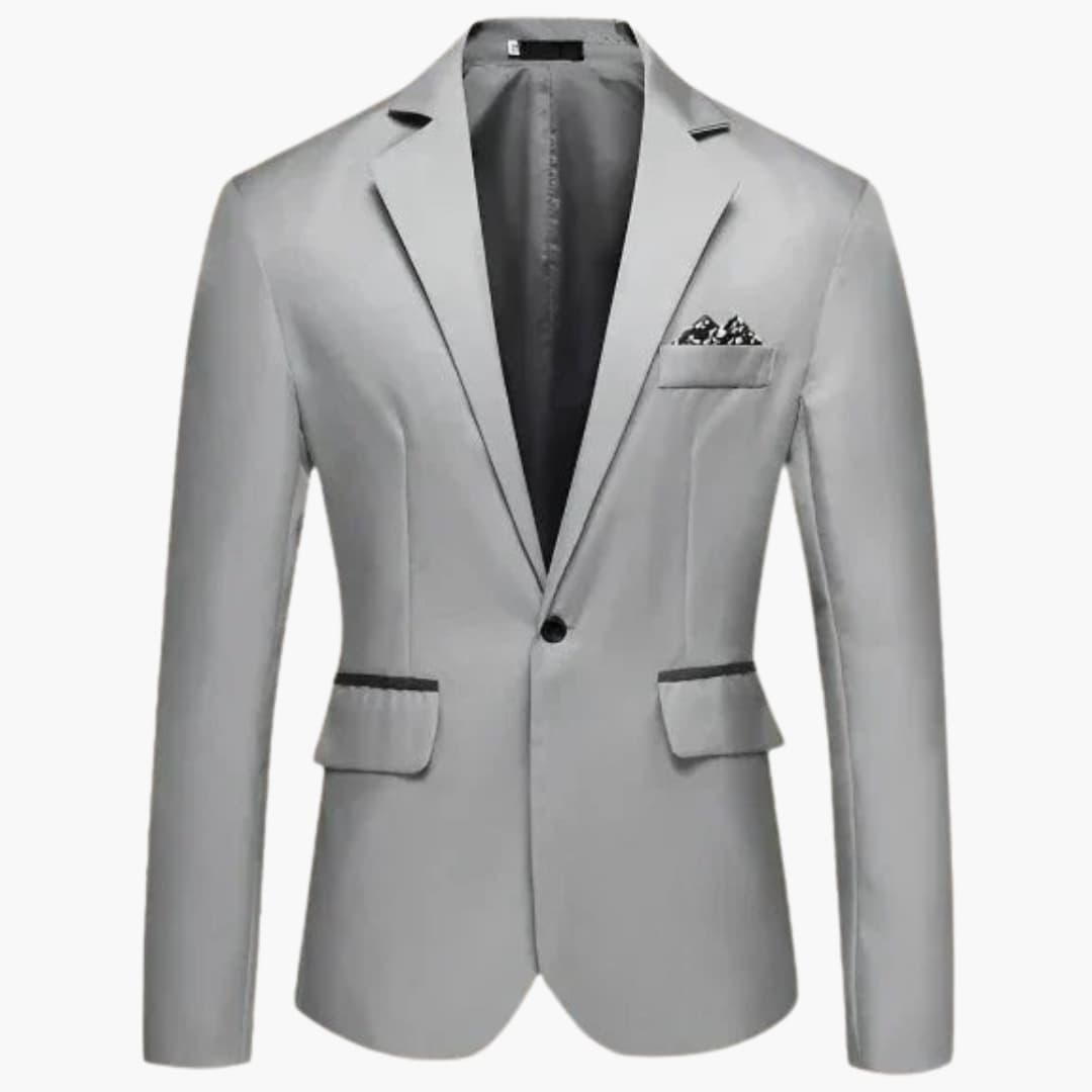 Men's black notched lapel dress jacket one-button closure flap pockets structured office wear