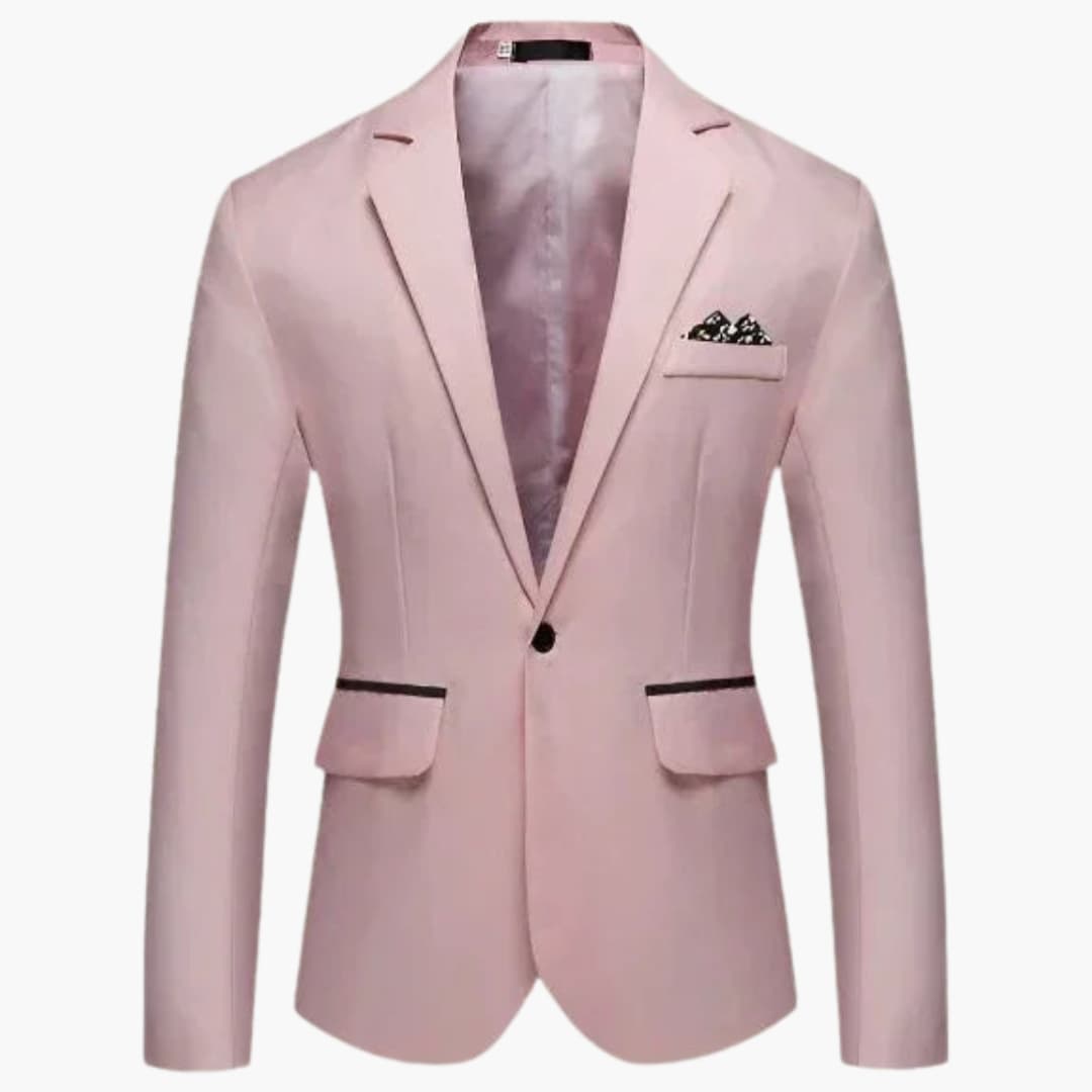 Men's black notched lapel dress jacket with one-button closure, flap pockets, and welt chest pocket