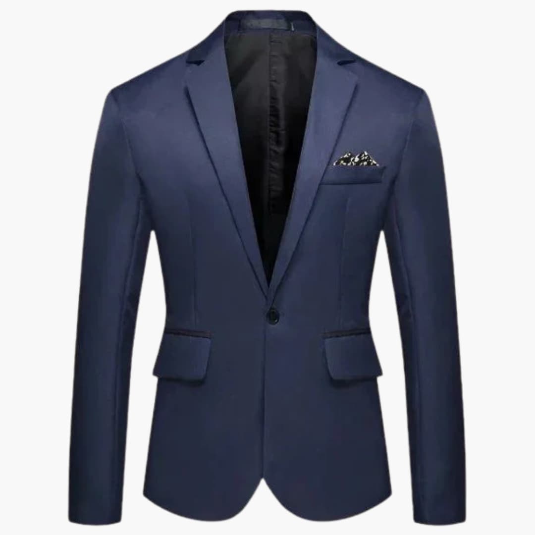 Men's black notched lapel blazer one-button closure flap pockets structured dressy office jacket