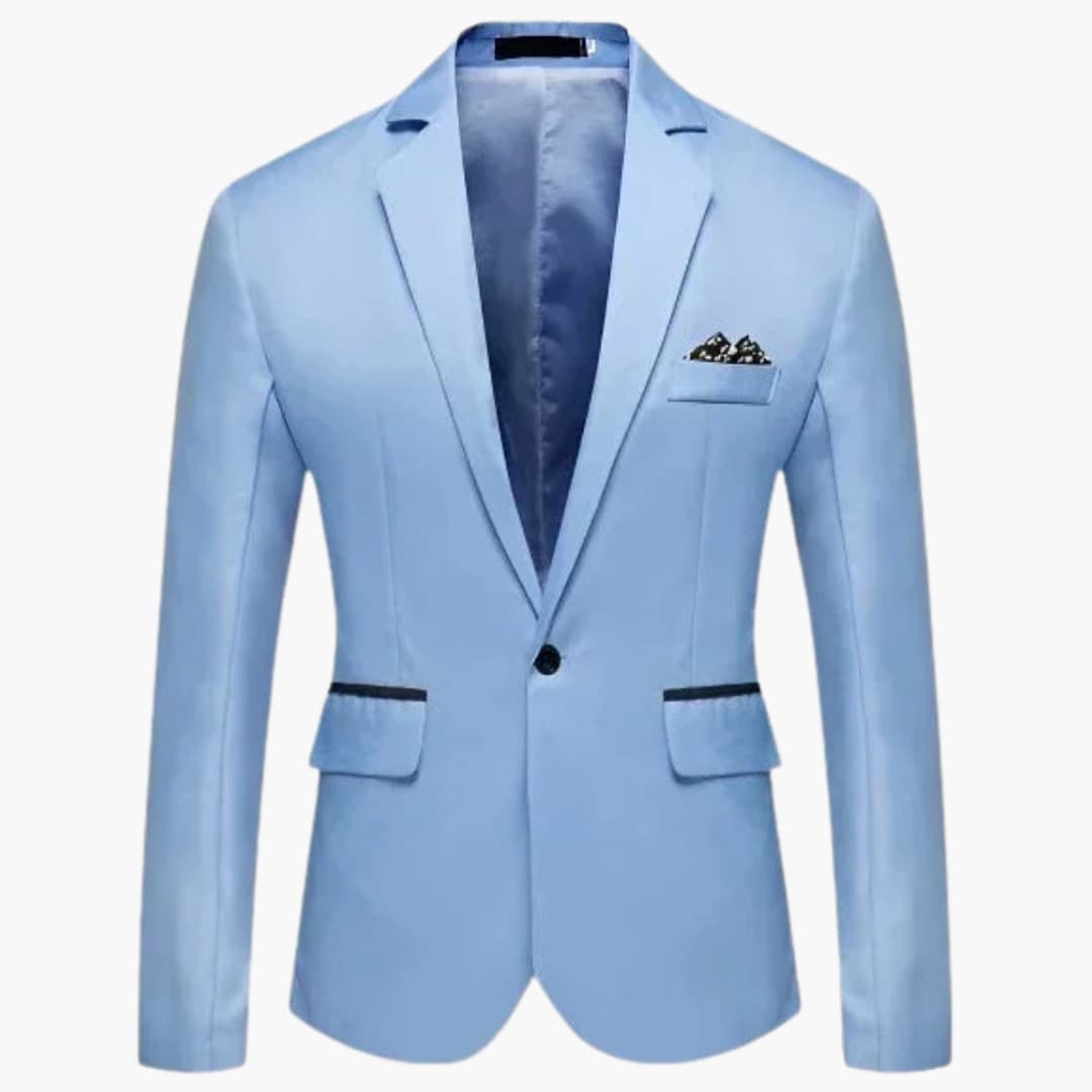 Men's black notched lapel dress jacket one-button closure flap pockets structured office wear