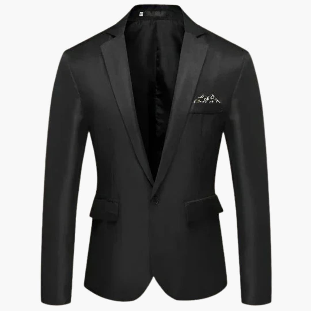 Men's black notched lapel dress jacket with one-button closure flap pockets and welt chest pocket