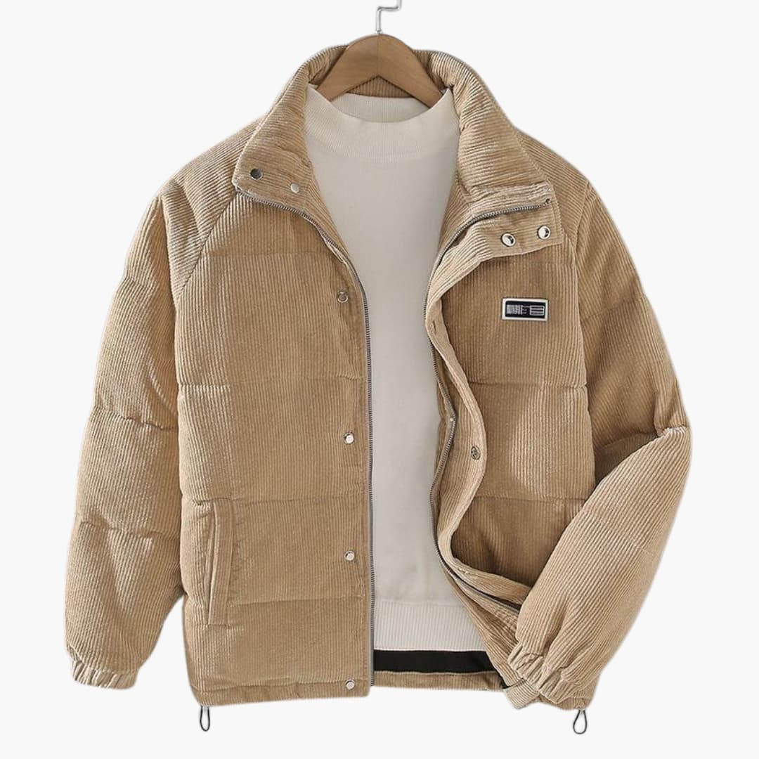 Men's ribbed jacket with inner lining, classic collar, patch pockets, versatile all-season urban style