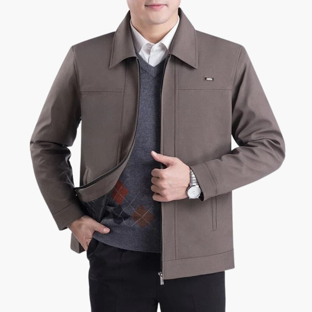 Men's pointed collar jacket with hidden front zipper, sleek smart-casual silhouette with vertical slit pockets