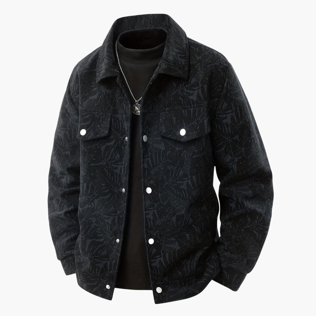 Men's brown corduroy jacket allover leaf pattern button-front shirt collar two chest pockets
