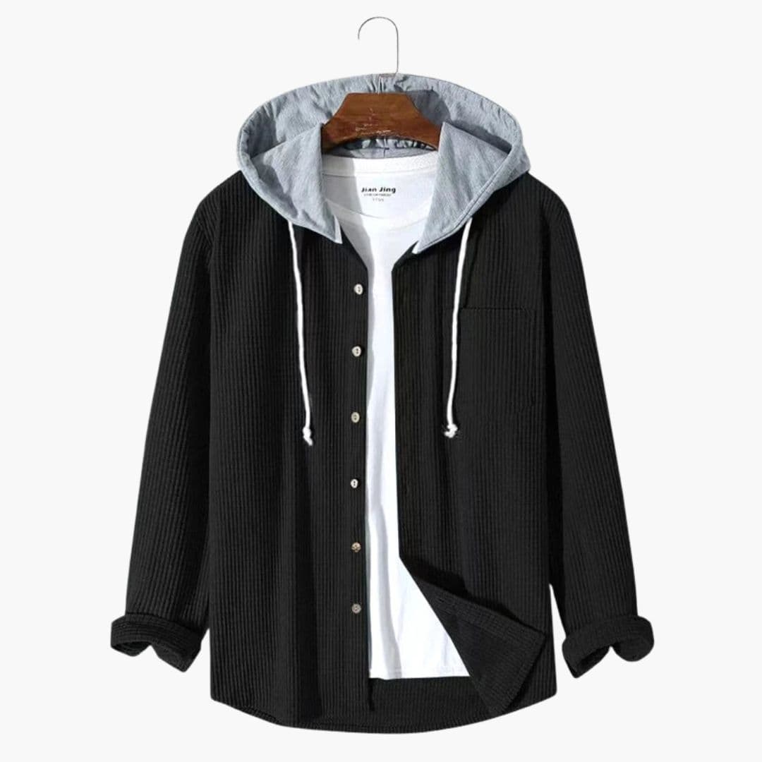 Men's loose fit hooded corduroy jacket with contrasting drawstring hood and front button closure