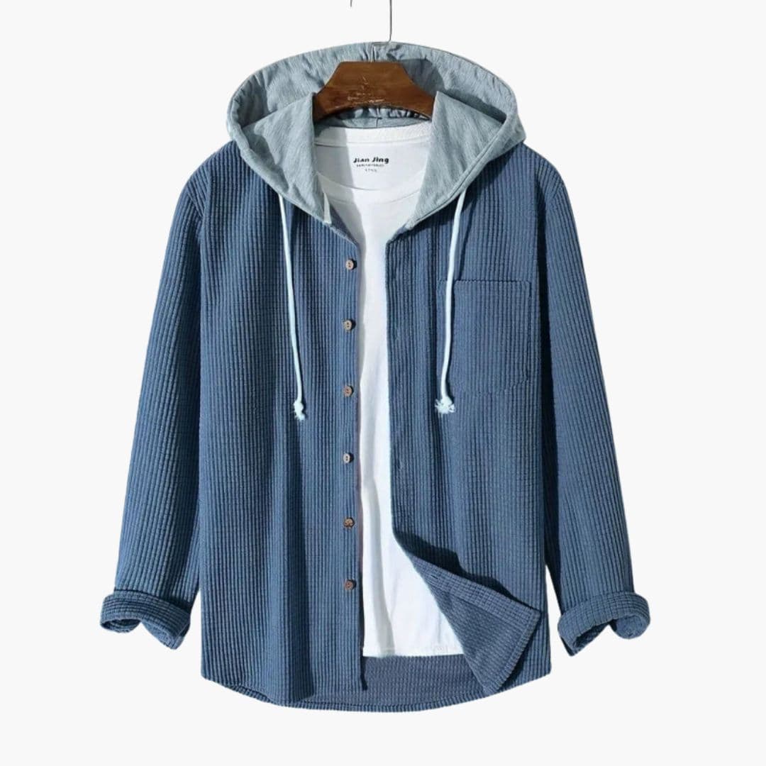 Men's loose fit corduroy jacket green hooded drawstring button closure contrasting hood