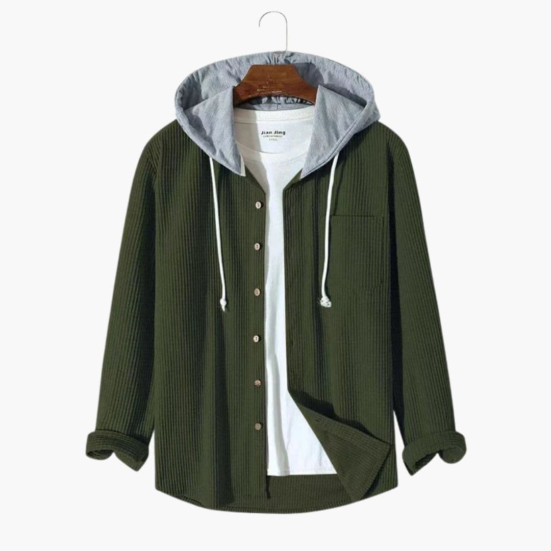 Men's green corduroy hooded jacket loose fit with contrasting drawstring hood and front button closure