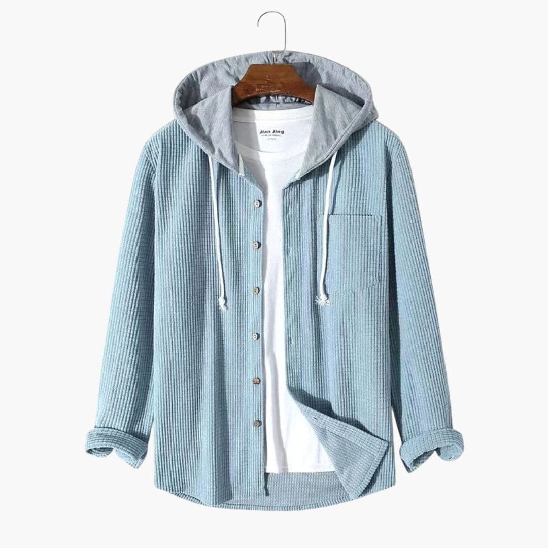 Men's loose fit hooded corduroy jacket green contrasting drawstring hood front button closure