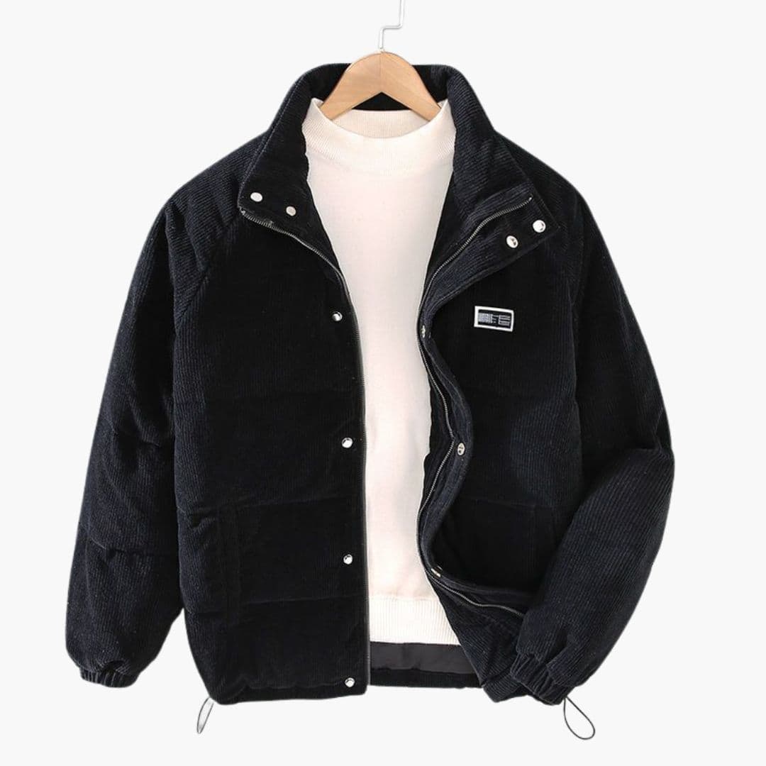 Men's brown corduroy quilted jacket stand-up collar snap front side pockets warm lining