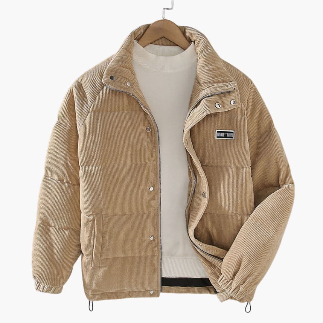 Men's brown corduroy quilted jacket stand-up collar snap front two side pockets warm lining