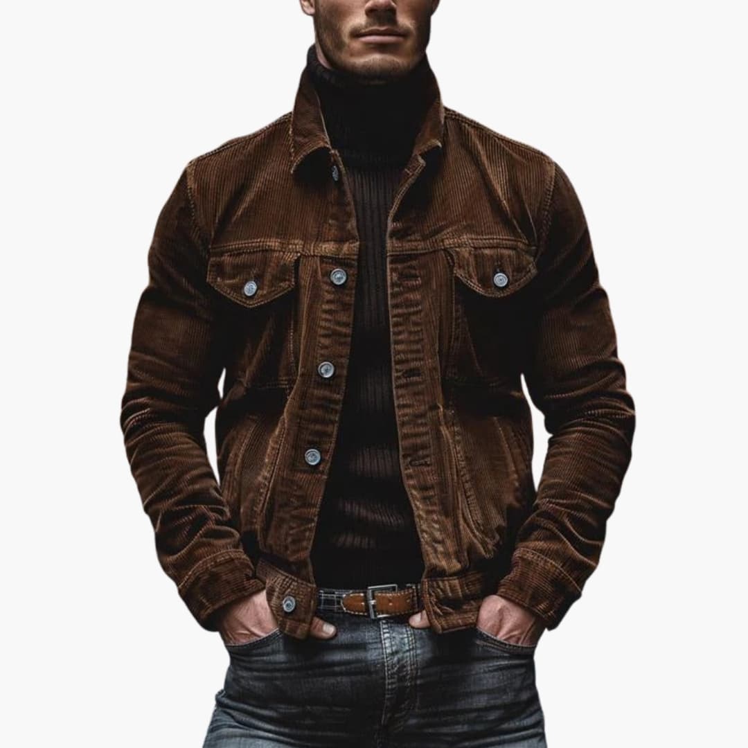 Men's brown corduroy jacket with button closure, chest pockets, and ribbed texture for smart casual wear