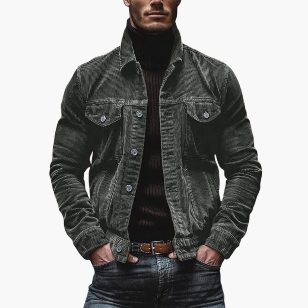 Men's brown corduroy jacket with button closure, chest pockets, and ribbed texture for smart casual wear