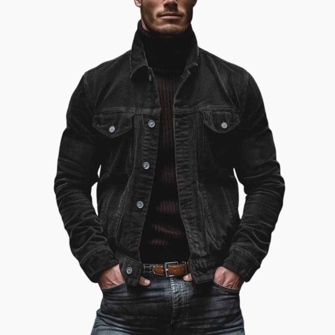 Men's brown corduroy jacket with button closure, chest pockets, and ribbed texture for smart casual wear