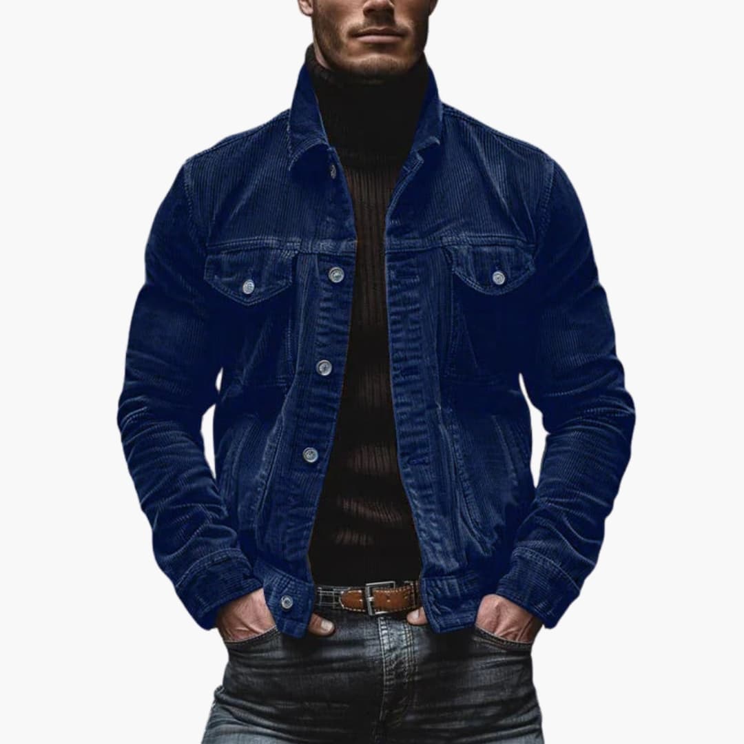 Men's brown corduroy jacket with button closure, chest pockets, and structured shirt collar for smart casual wear