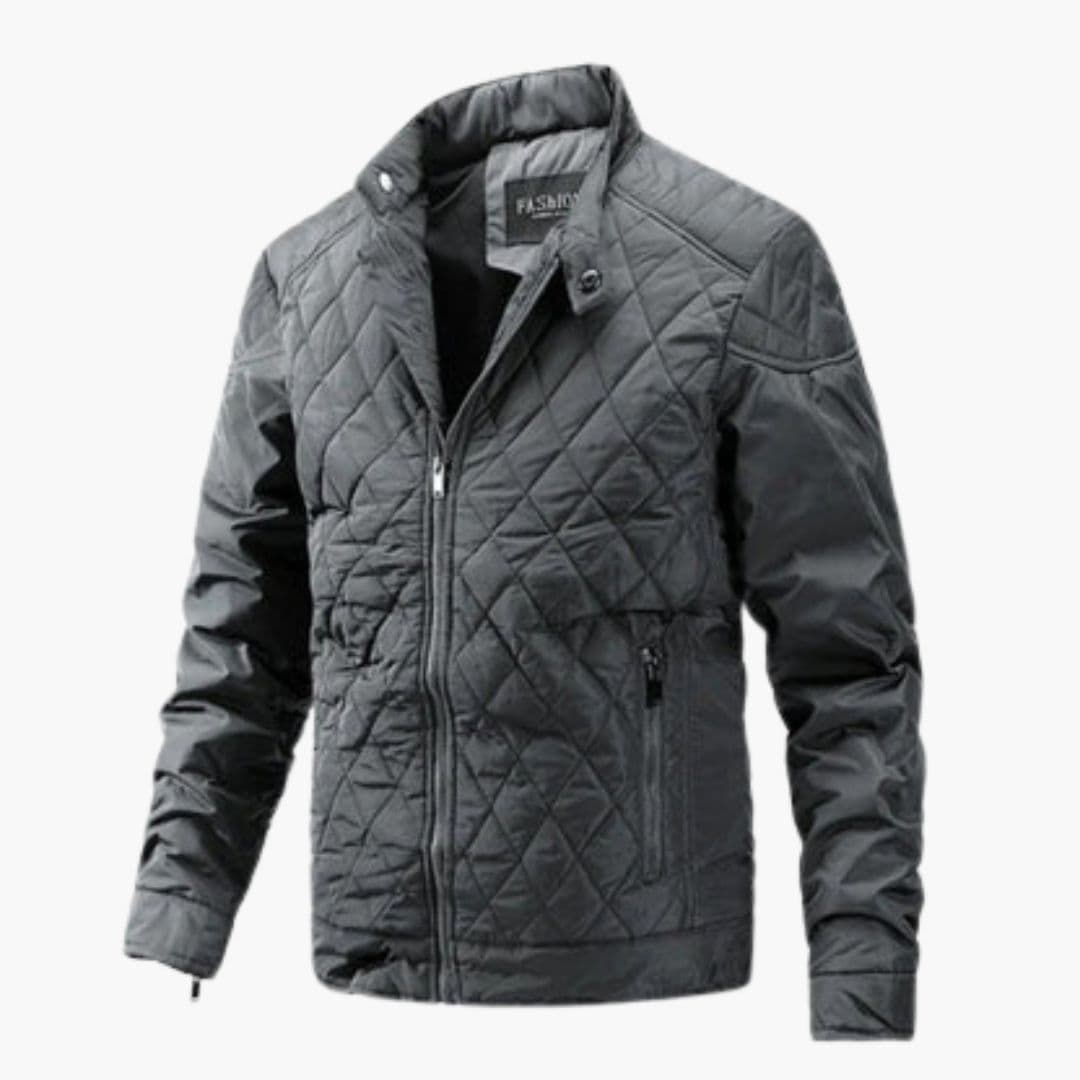 Men's black quilted jacket stand-up collar diamond-pattern zippered pockets casual slim fit