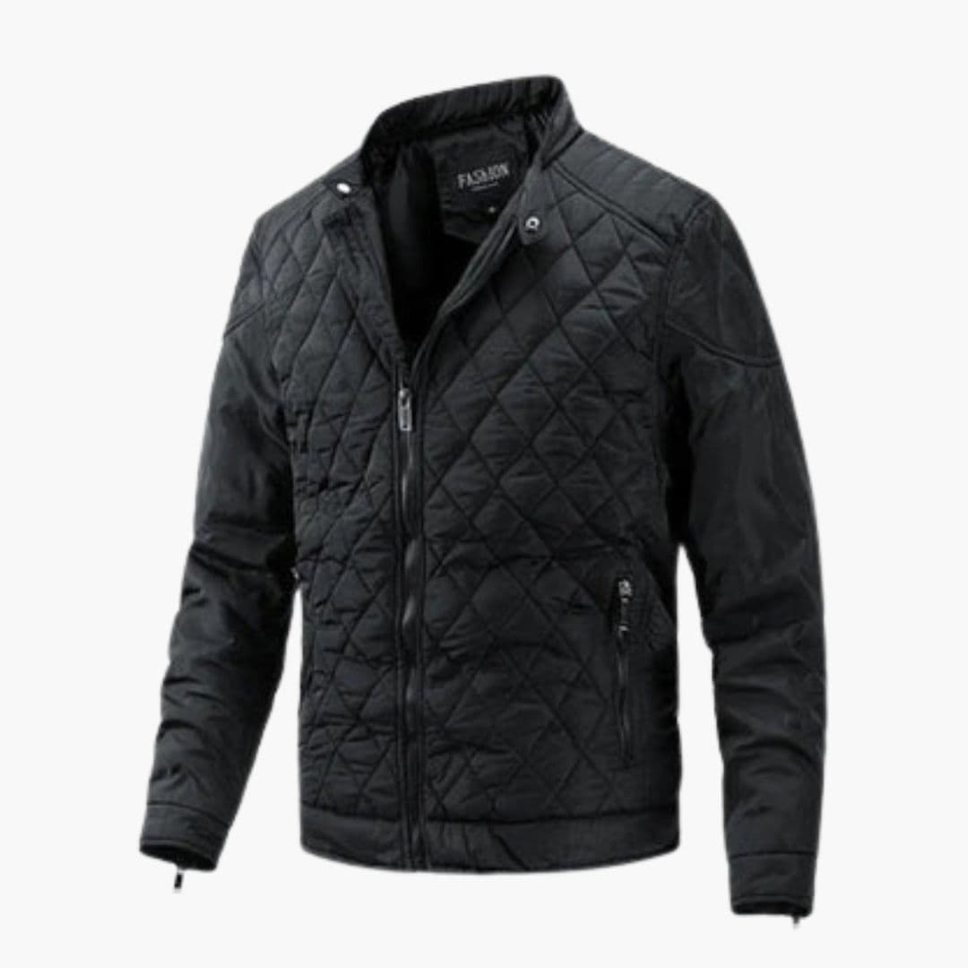 Men's black quilted jacket stand-up collar slim fit with diamond-pattern zippered pockets
