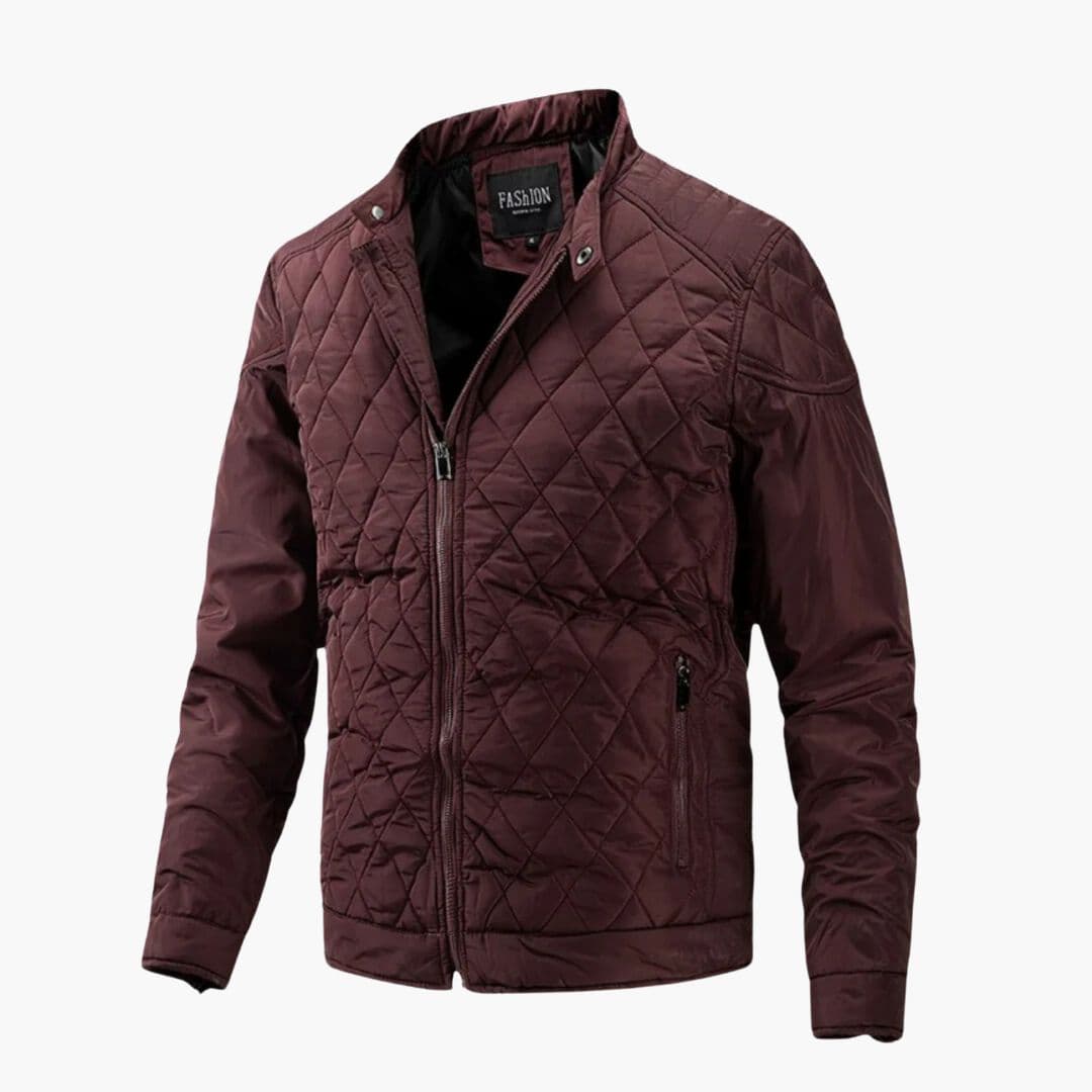 Men's black quilted jacket stand-up collar diamond-pattern zippered pockets casual slim fit