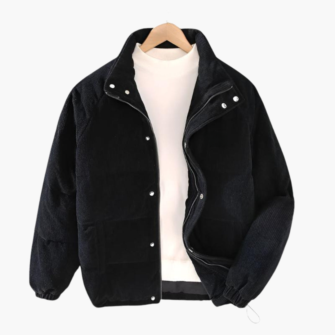 Men's quilted jacket snap buttons stand-up collar elastic cuffs drawstring hem casual warm outerwear