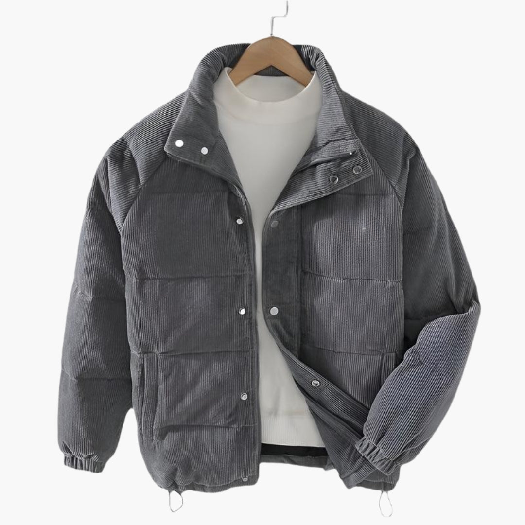 Men's quilted jacket snap button stand-up collar elastic cuffs drawstring hem casual warm coat