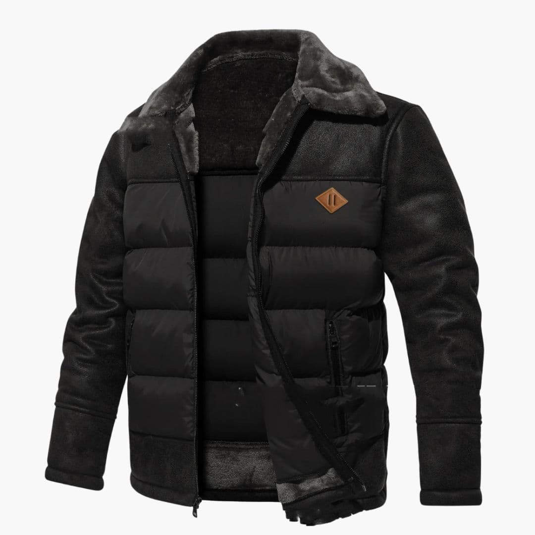 Men's black quilted jacket faux fur collar front zip padded lining cold weather essential