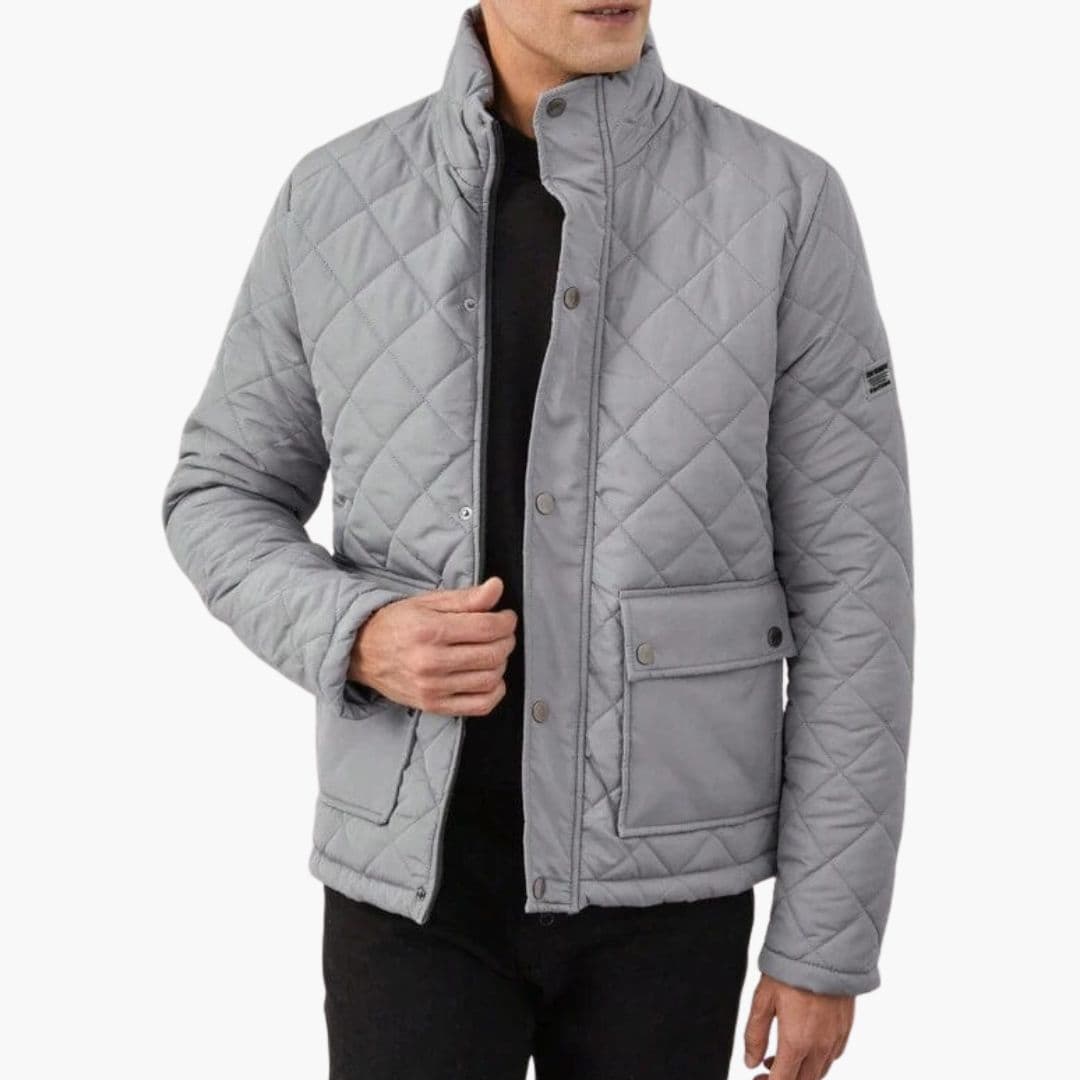 Men's navy quilted jacket stand-up collar snap placket diamond quilt front pockets slim fit