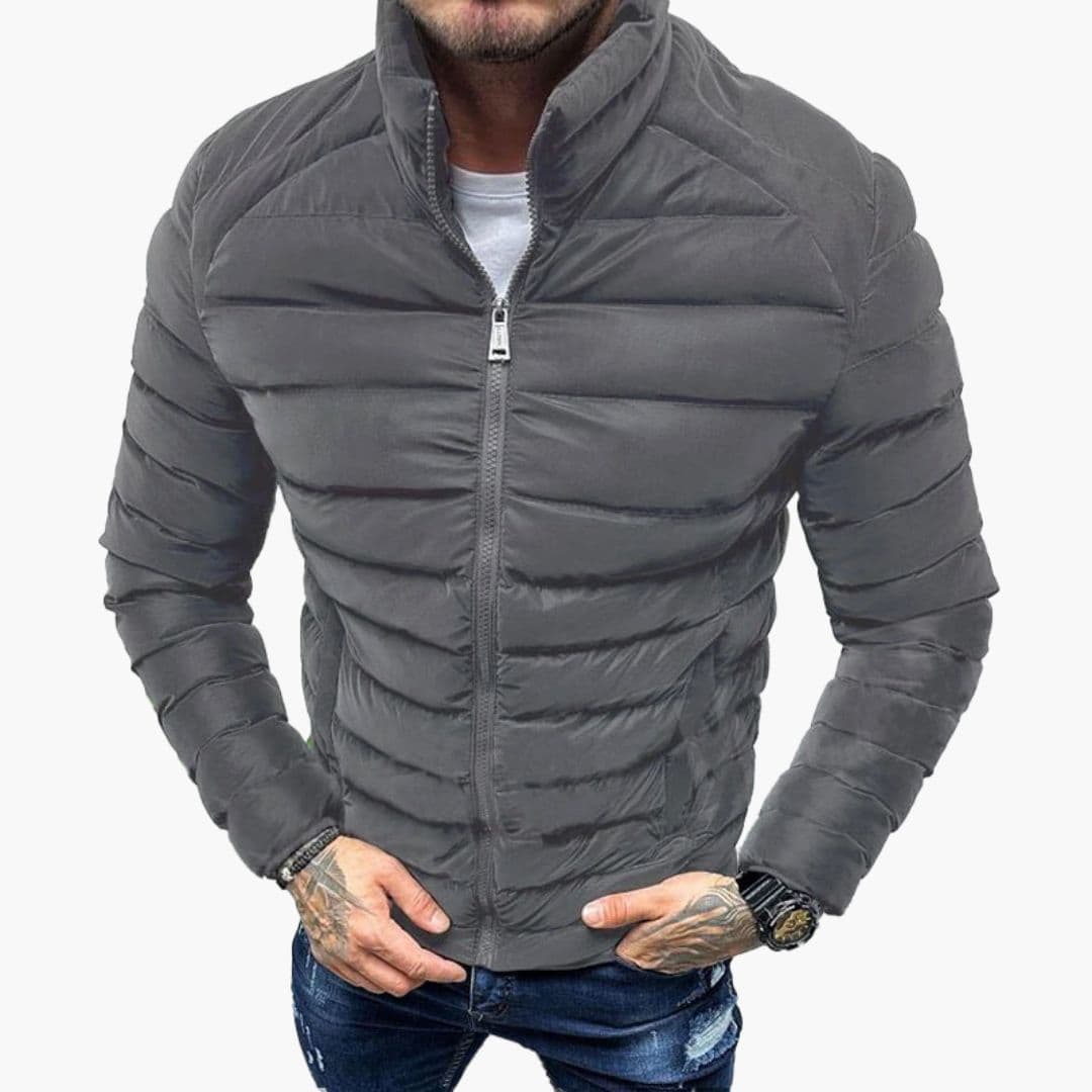 Men's black quilted fitted jacket with stand-up collar and front zip, sleek city-ready silhouette