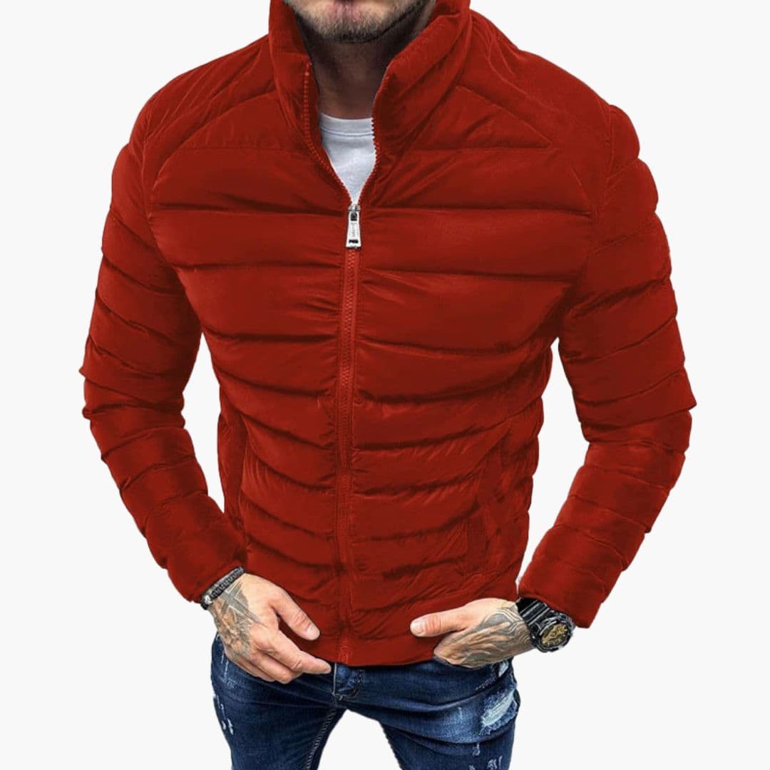 Men's black quilted fitted jacket with stand-up collar and front zip, streamlined city-ready silhouette