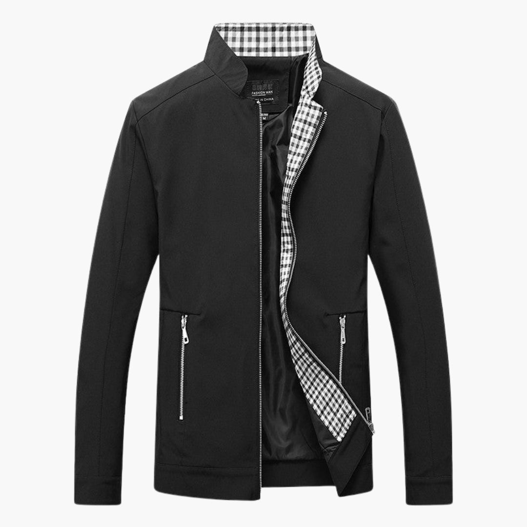 Men's mid-season jacket stand-up collar zippered pockets checkered lining modern slim fit