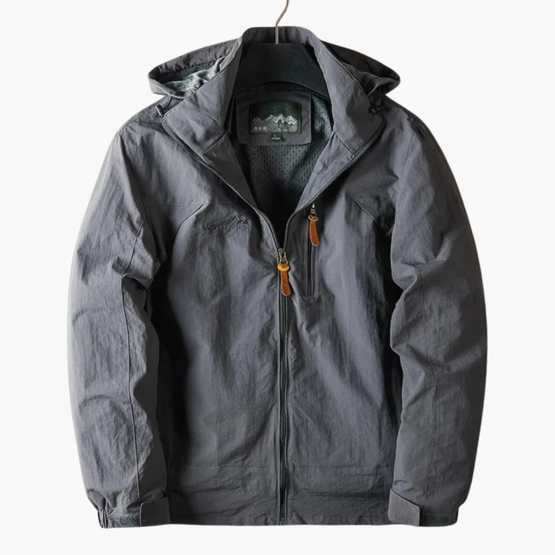 Men's technical outdoor jacket with adjustable hood, multi-pocket hiking travel coat versatile fit