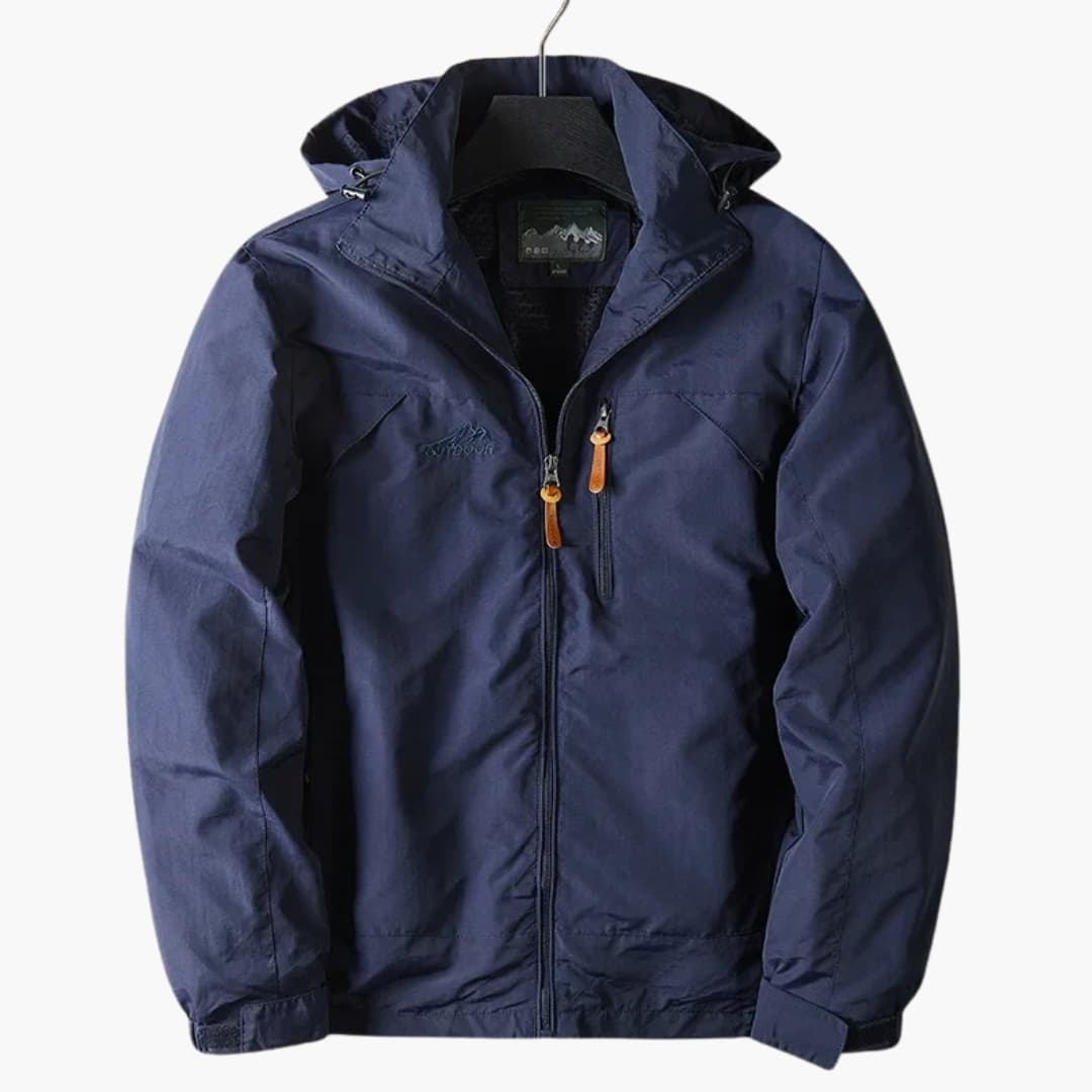 Men's technical outdoor jacket with adjustable hood, multiple pockets, hiking travel style