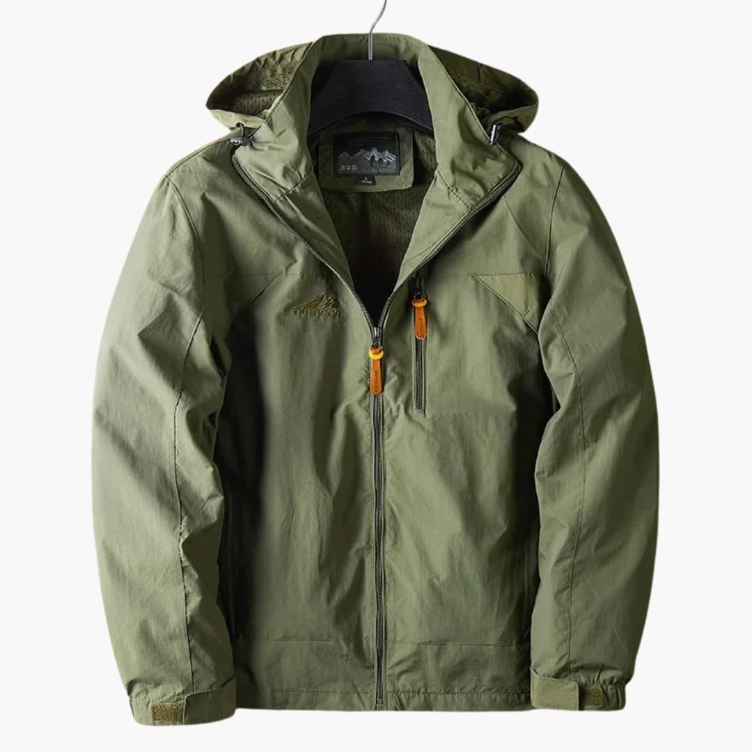 Men's technical outdoor jacket with adjustable hood, multiple pockets, hiking travel versatile fit