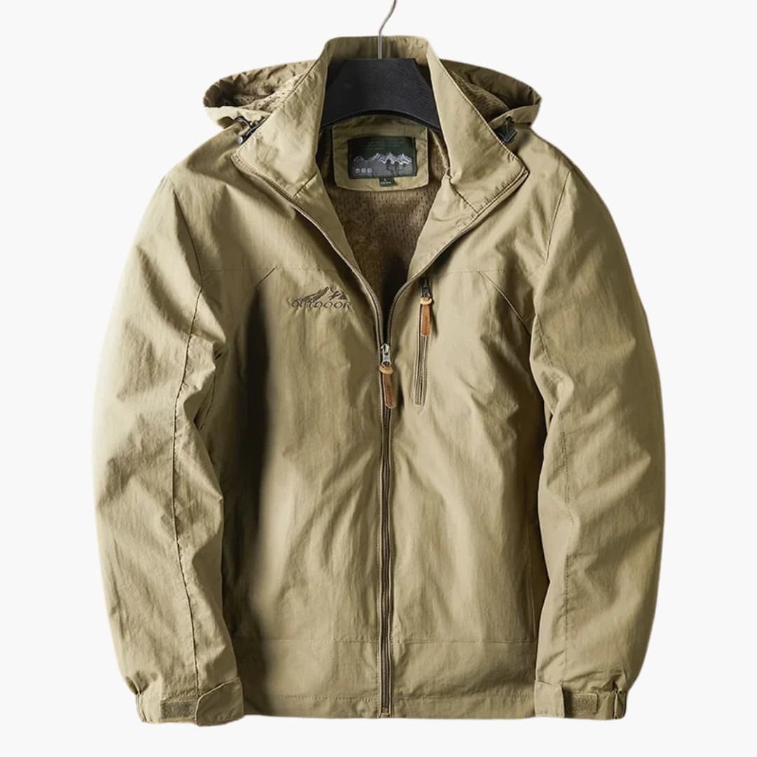 Men's technical outdoor hiking jacket with adjustable hood, multiple pockets, versatile adventure wear