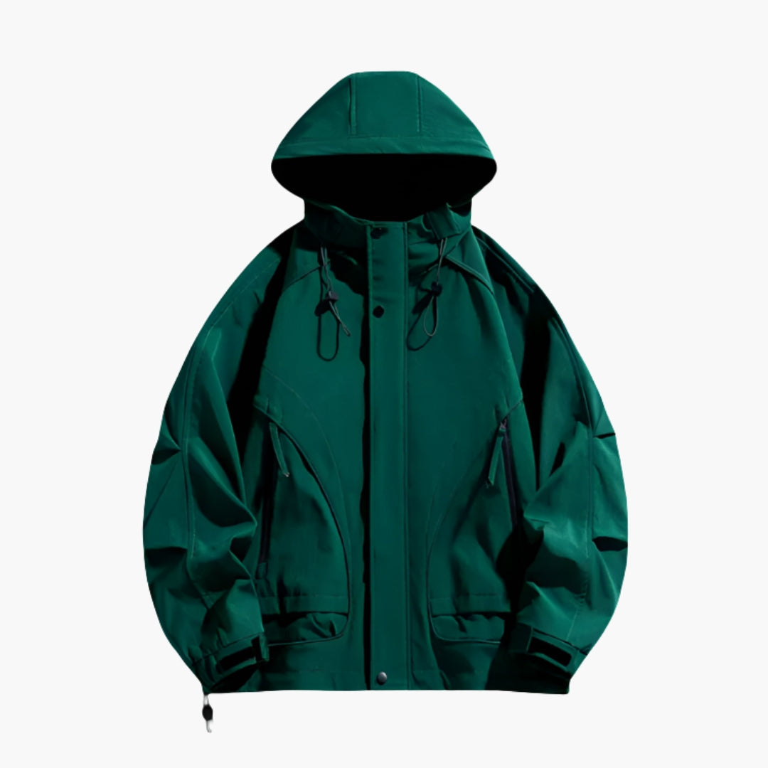 Men's outdoor hiking jacket with adjustable hood, zipped pockets, full-length front zip closure