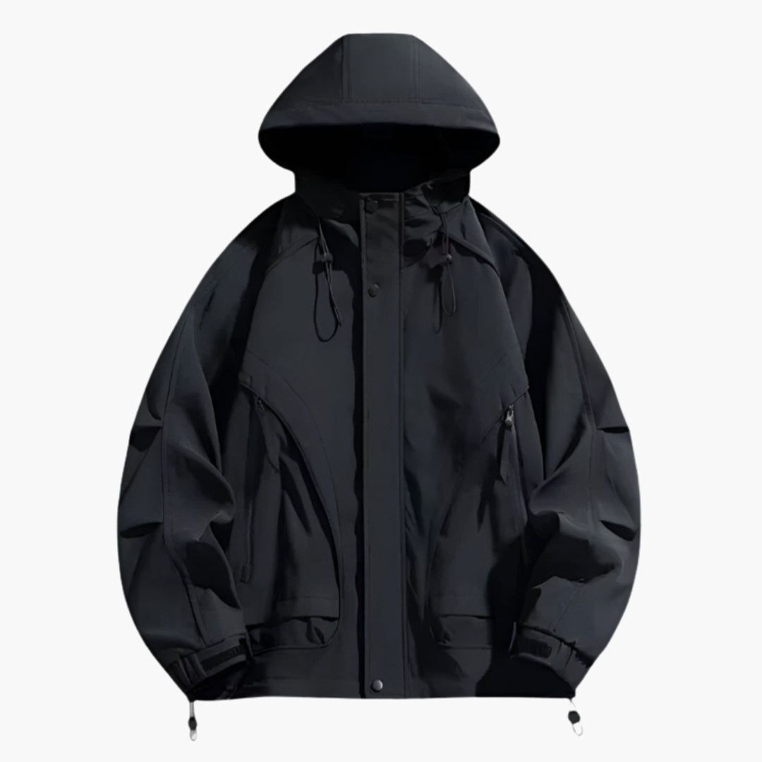 Men's outdoor hiking jacket with adjustable hood, zipped pockets, full-length front zip closure