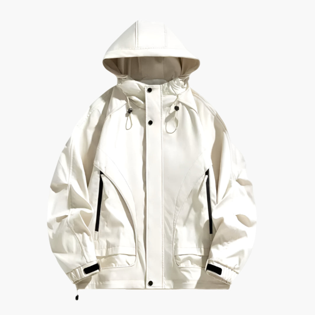 Men's outdoor jacket adjustable hood full-zip structured fit zipped pockets all-weather hiking