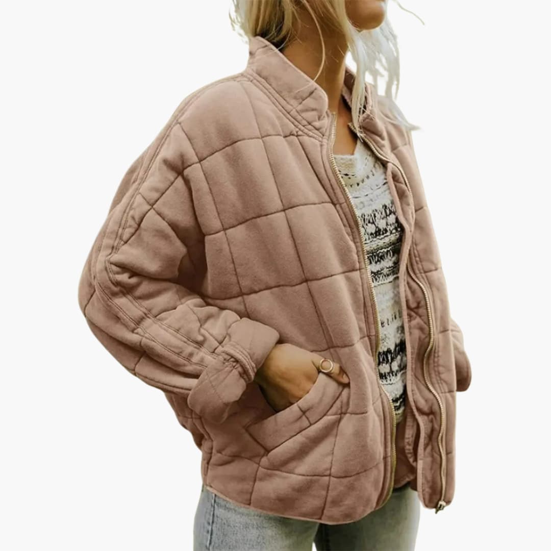 Women's black quilted jacket stand-up collar zipper closure elastic hem side pockets autumn style