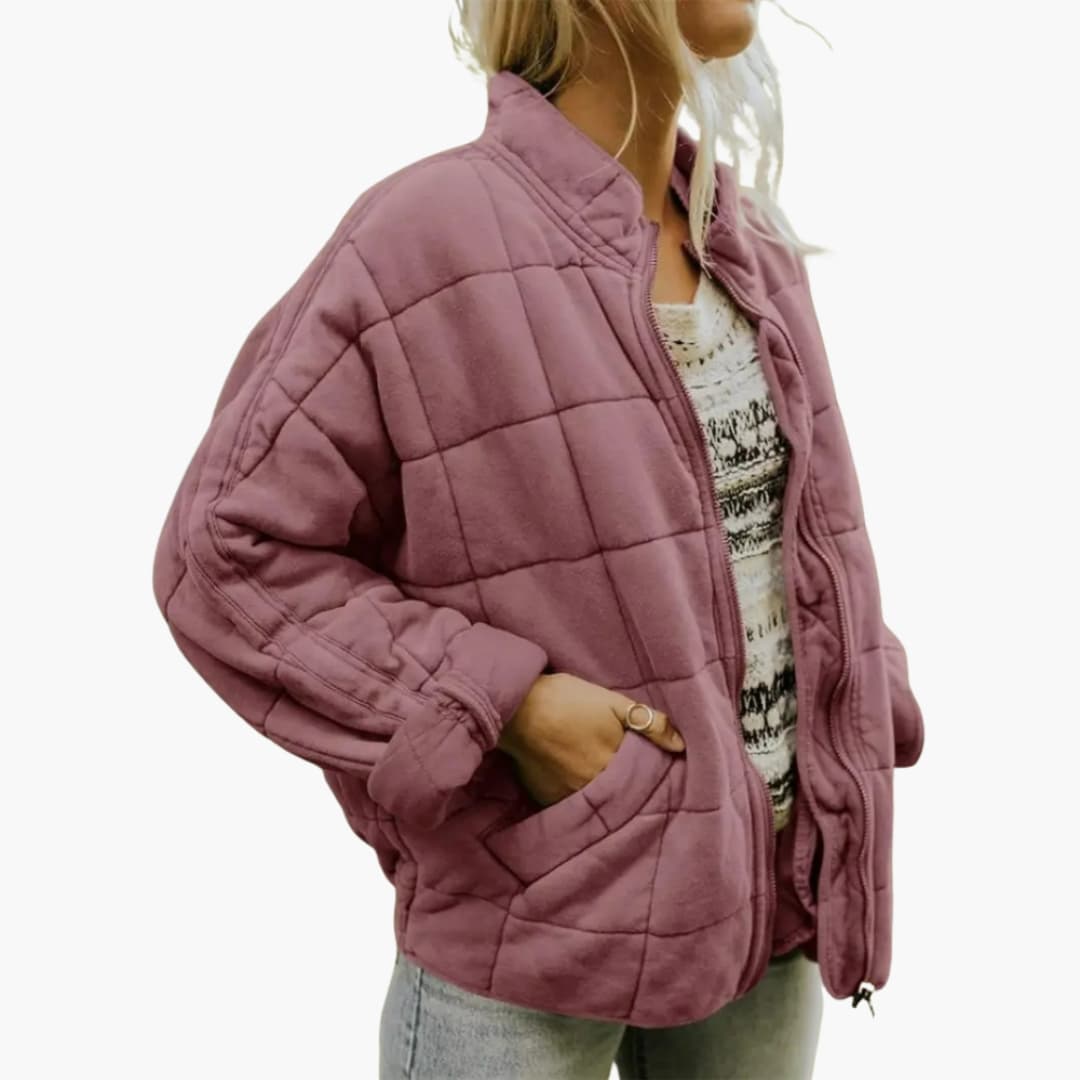 Women's quilted jacket zipper closure stand-up collar elastic hem side pockets autumn cozy fit
