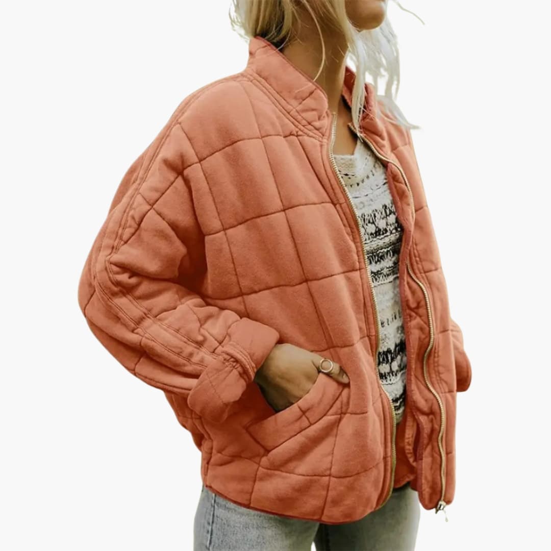 Women's quilted jacket with stand-up collar, zipper closure, elastic hem, side pockets, autumn cozy fit