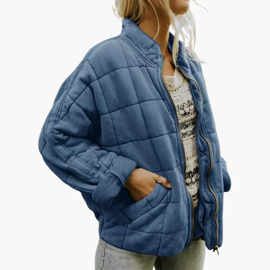 Women's quilted jacket zipper closure stand-up collar elastic hem side pockets autumn cozy fit