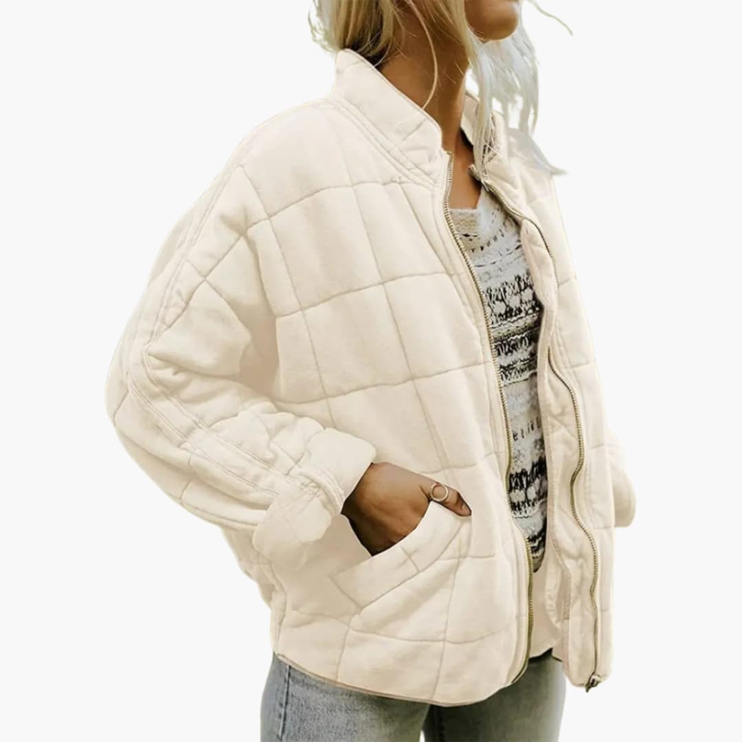 Women's autumn quilted jacket with stand-up collar, zipper closure, elastic hem, and side pockets
